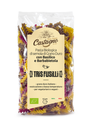 Fusilli di semola di grano duro con barbabietola e basilico